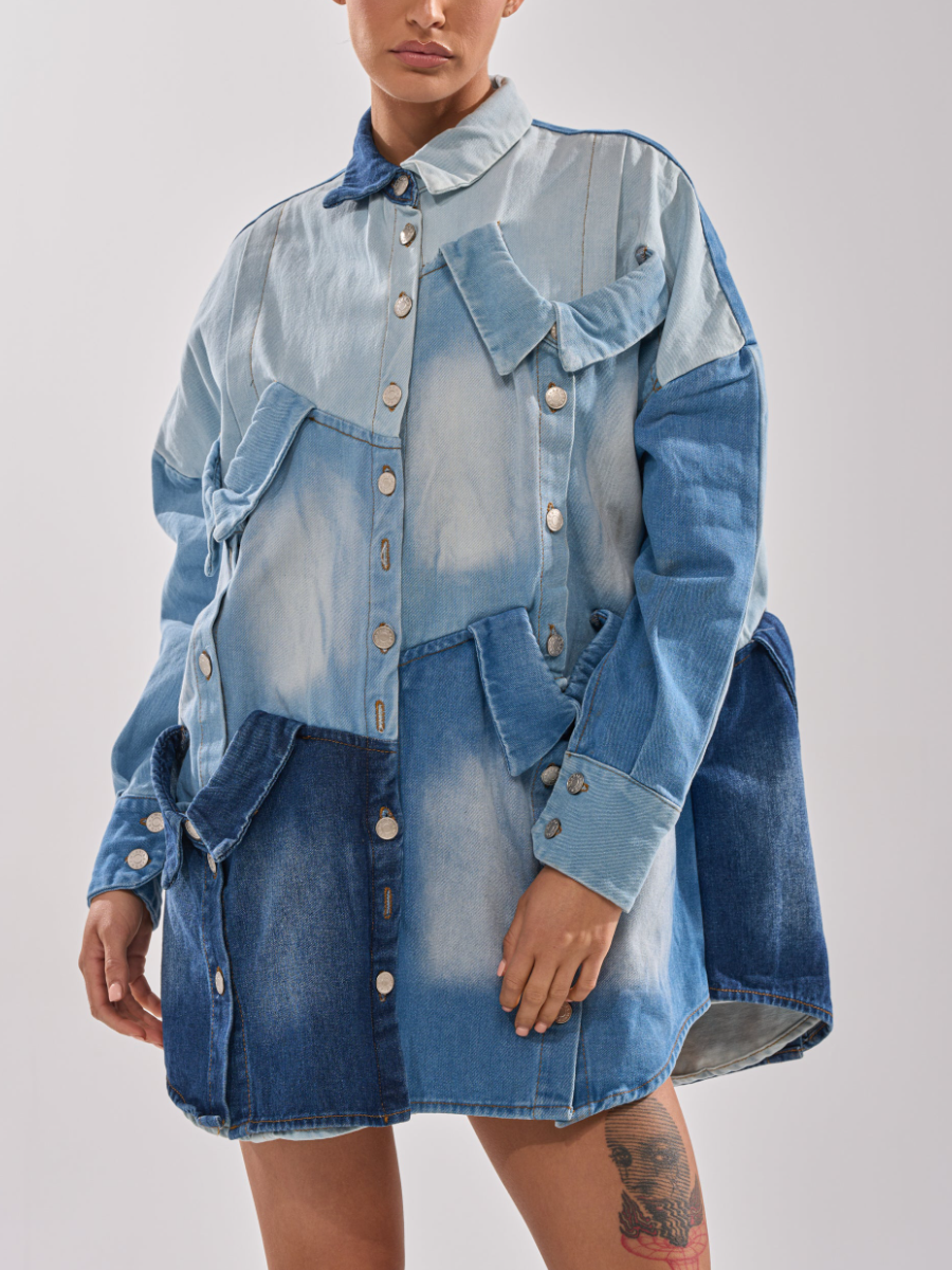 Denim Spliced Multi-Layer Faux-Collar Dress