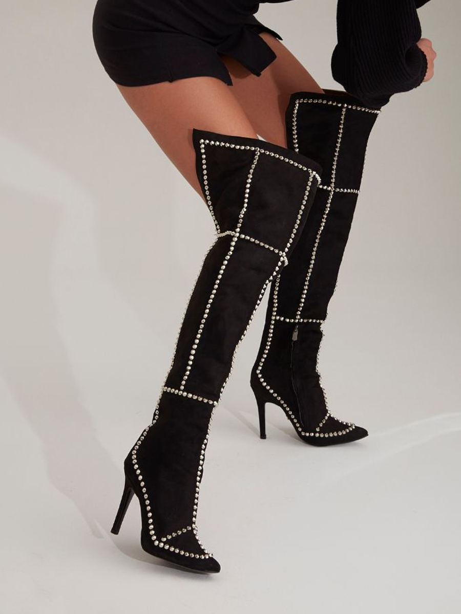 Studded Point-Top Suede Over-the-Knee Pumps