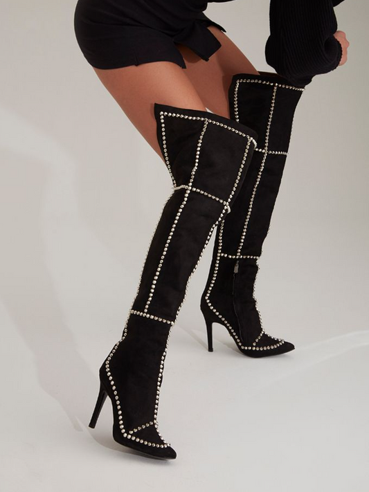 Studded Point-Top Suede Over-the-Knee Pumps