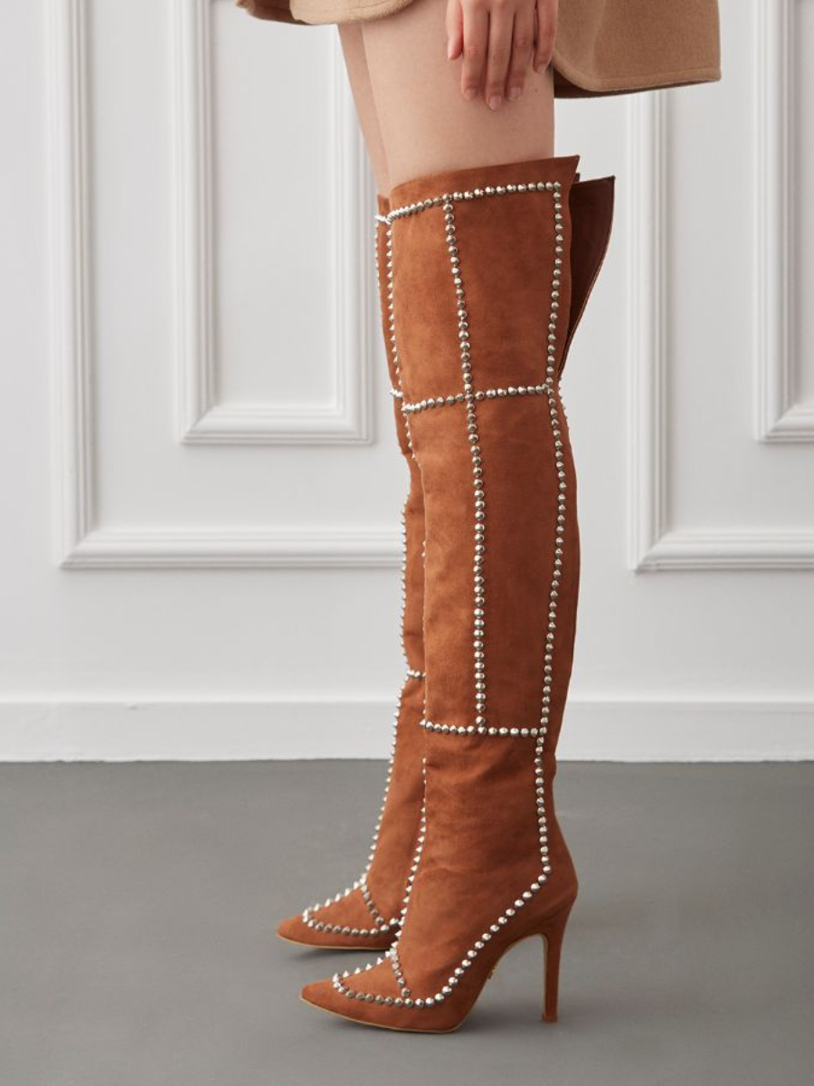 Studded Point-Top Suede Over-the-Knee Pumps