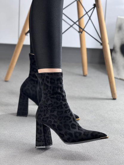Suede Leopard Print Pointed-toe Boots